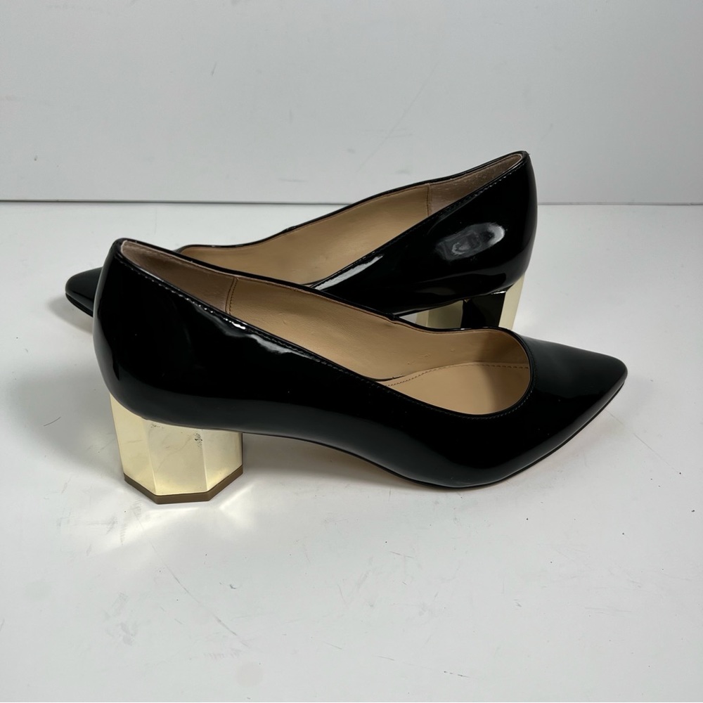 KATY PERRY The Lorenna Black Patent Gold Block Heel Pumps Size 6.5 - Picture 4 of 13
